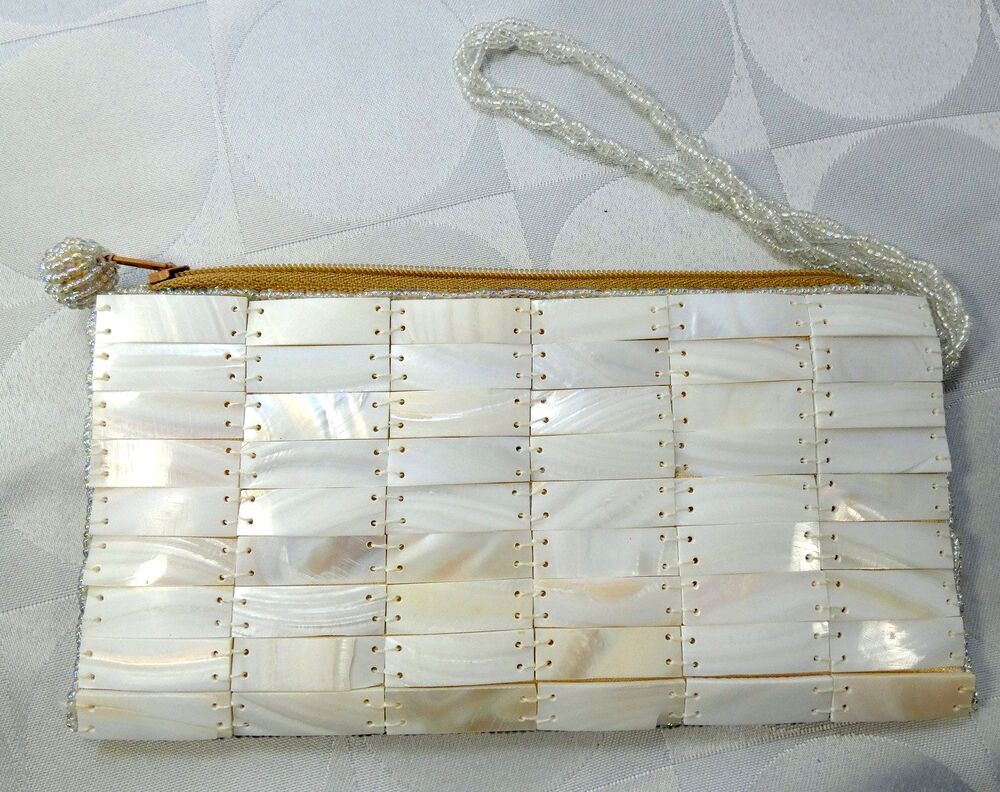 Mother of Pearl Handmade Wristlet  Evening Beaded Bag Excellent
